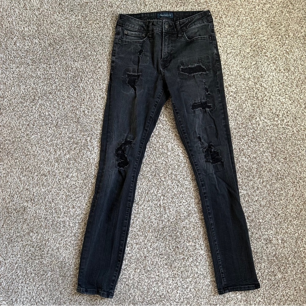 Aeropostale Black Skinny Mid Rise Distressed Denim Jeans Size 28 32